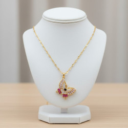 Collier doré papillon zircon rose et violet Acier