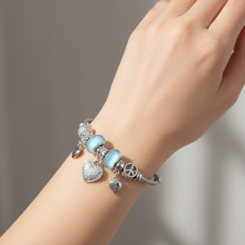 Bracelet charms argenté coeurs et perles bleues Acier
