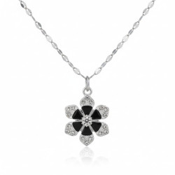 Collier argenté fleur strass noir et blanc Plaqué or blanc