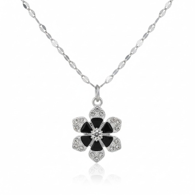Collier argenté fleur strass noir et blanc Plaqué or blanc