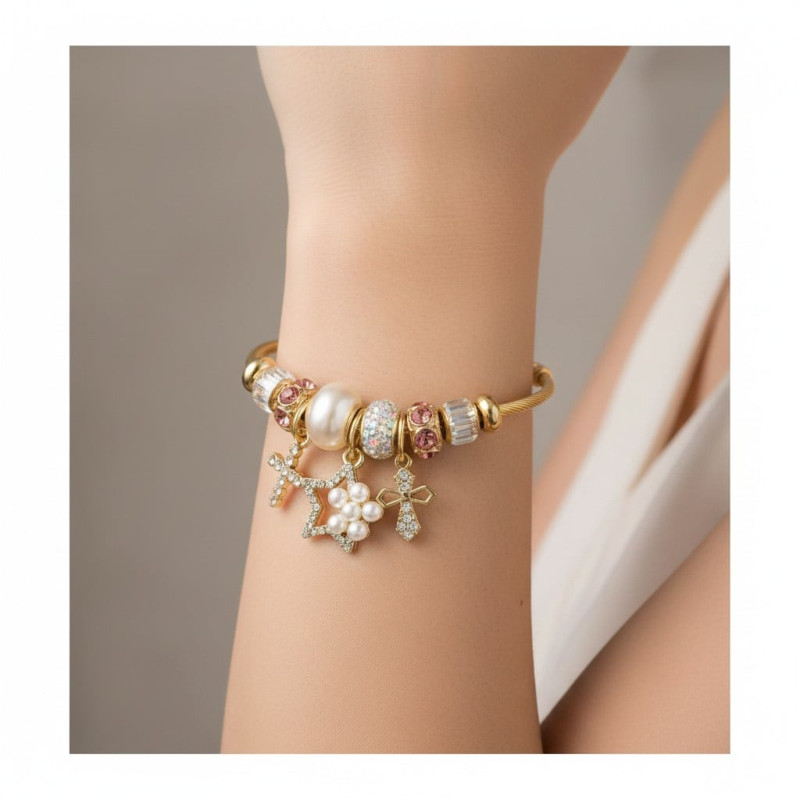 Bracelet charms doré étoile et croix Acier
