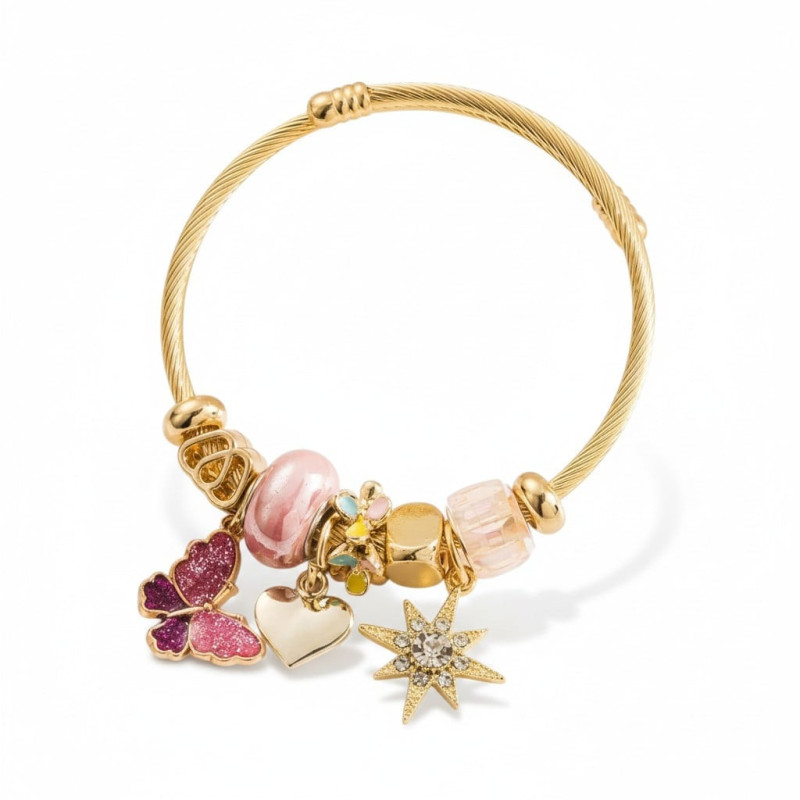 Bracelet charms doré papillon rose et étoile Acier