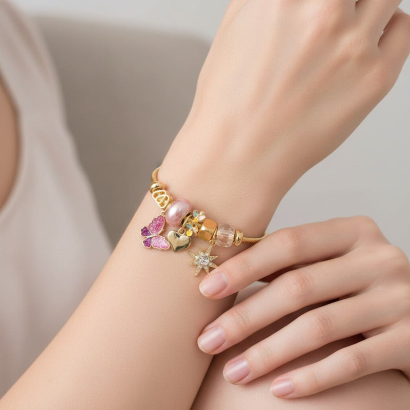 Bracelet charms doré papillon rose et étoile Acier