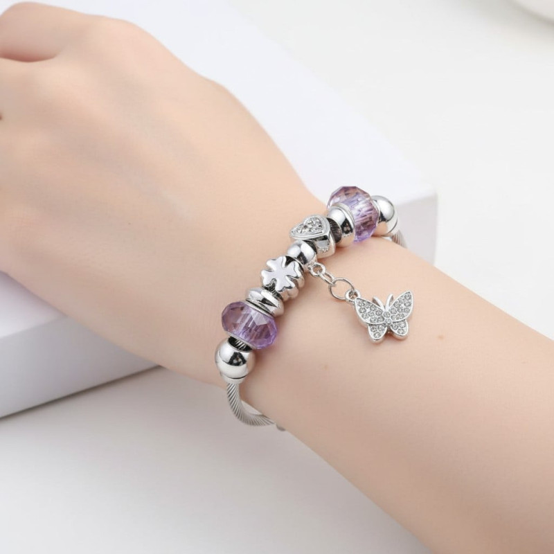 Bracelet charms argenté papillon et perles violettes Acier