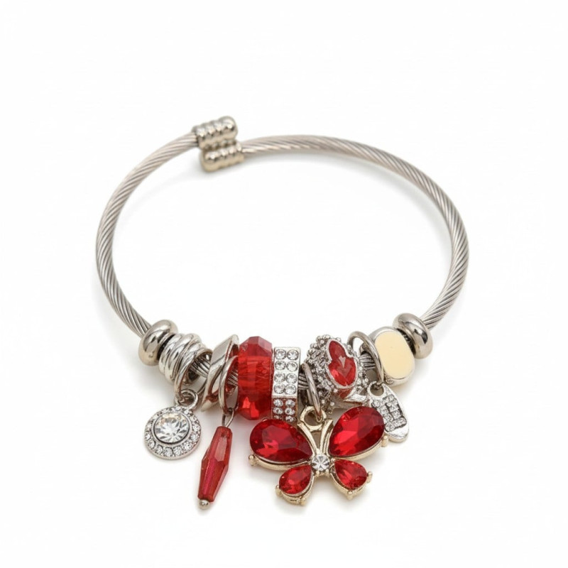 Bracelet charms argenté papillon rouge Acier