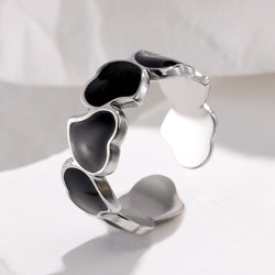 Bague ajustable argentée coeurs noirs Acier