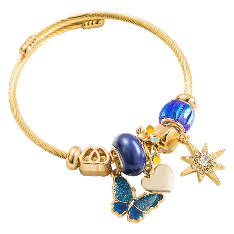 Bracelet charms doré papillon bleu et étoile Acier