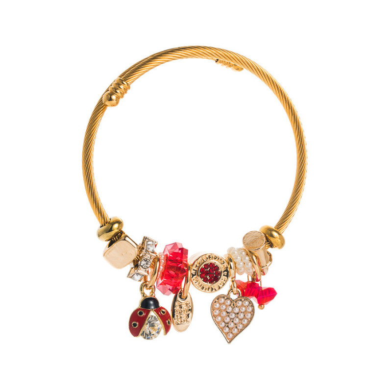 Bracelet charms doré coeur et coccinelle rouge Acier