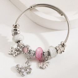 Bracelet charms argenté papillons et perle rose Acier