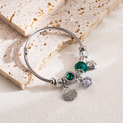 Bracelet charms flocon, coeur et perle verte Acier