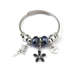 Bracelet charms argenté fée, fleur et perles noires Acier