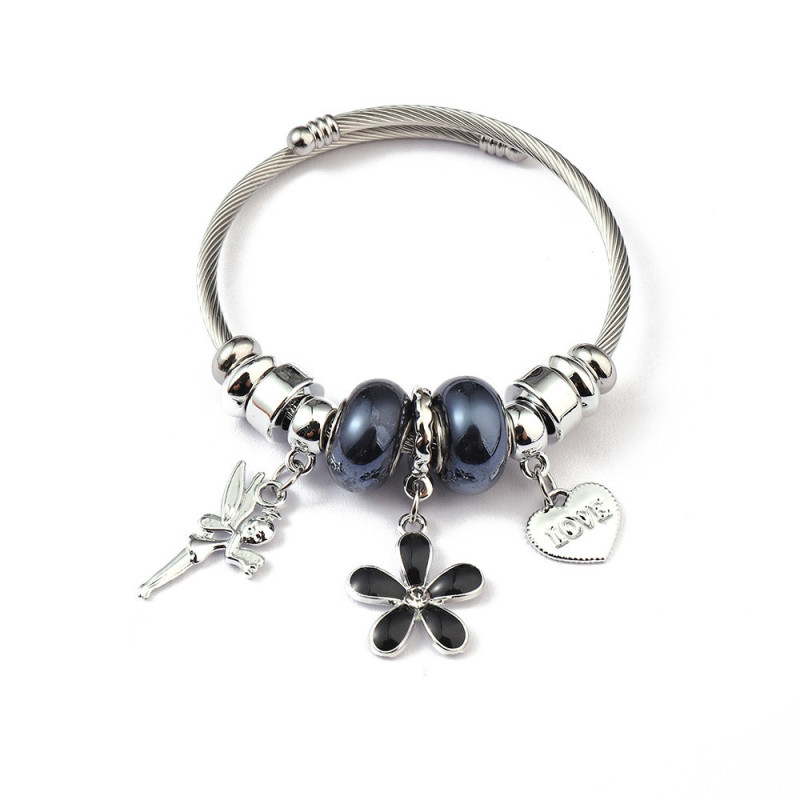 Bracelet charms argenté fée, fleur et perles noires Acier