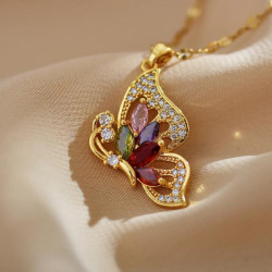 Collier doré papillon profil zircon multicolore Plaqué or
