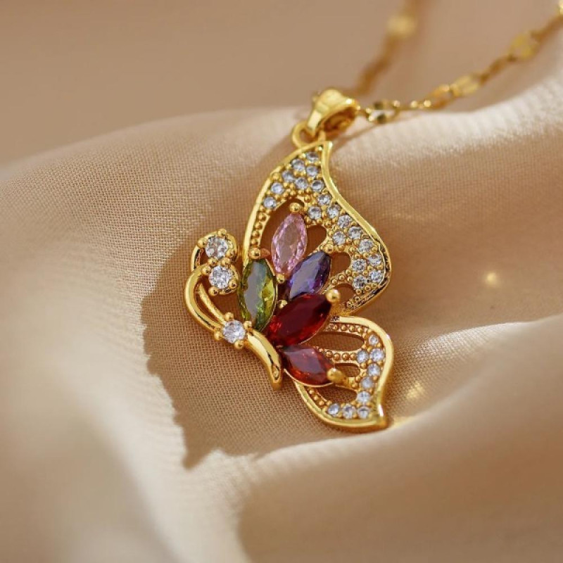 Collier doré papillon profil zircon multicolore Plaqué or