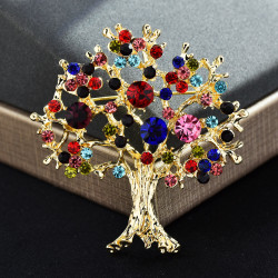 Broche doré arbre de vie strass multicolores