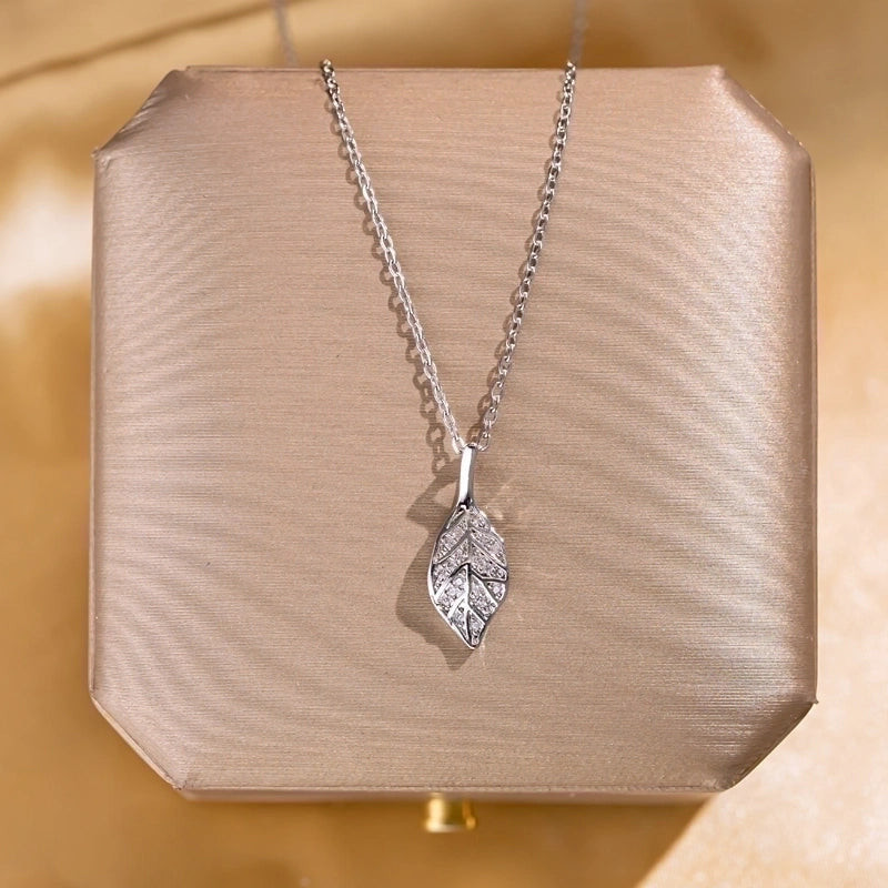 Collier argenté feuille zircon Plaqué or blanc