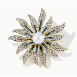 Broche dorée tournesol bleu strass et perle blanche