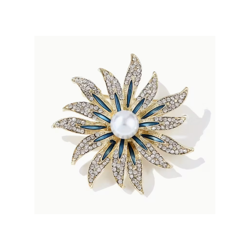 Broche dorée tournesol bleu strass et perle blanche