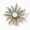 Broche dorée tournesol bleu strass et perle blanche
