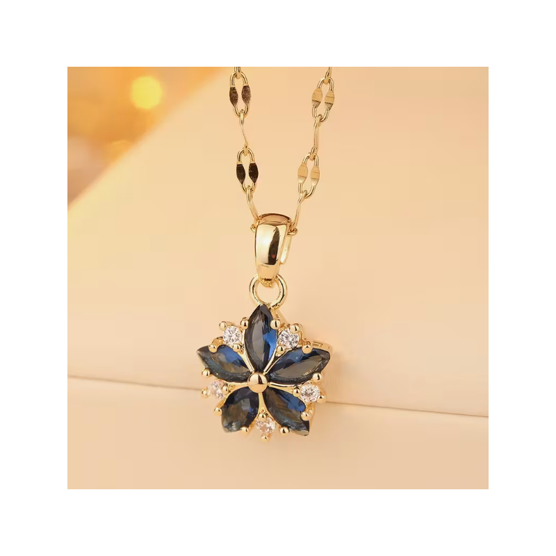 Collier doré fleur zircon bleu Plaqué or