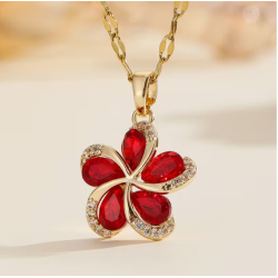 Collier doré fleur rouge Plaqué or
