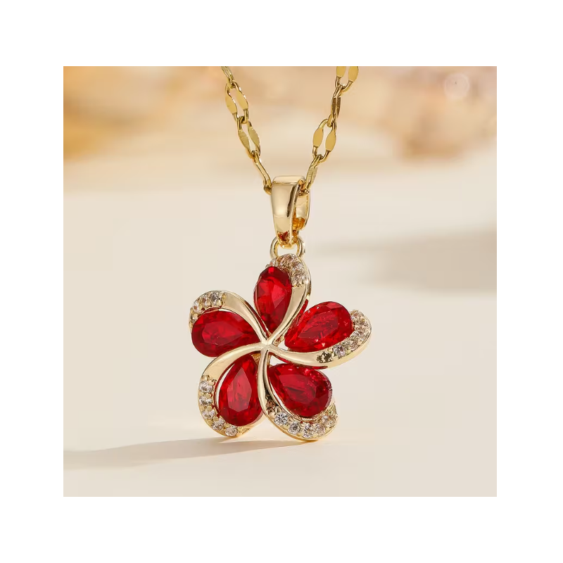 Collier doré fleur rouge Plaqué or