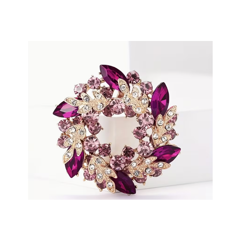 Broche dorée couronne florale fuchsia