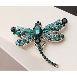 Broche argentée libellule verte