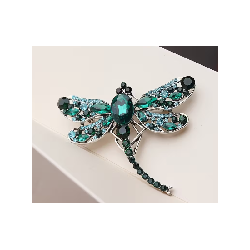 Broche argentée libellule verte