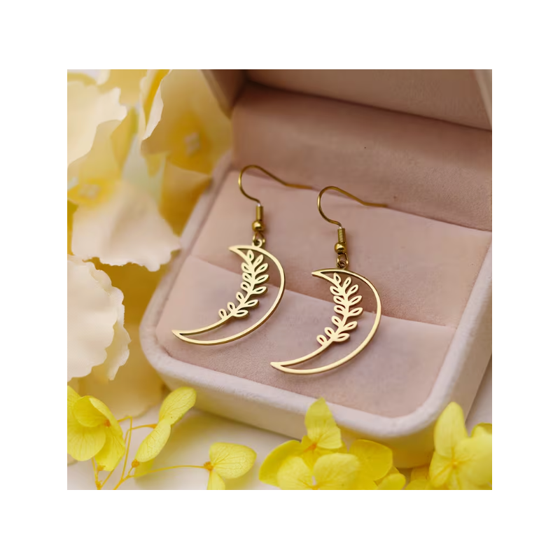 Boucles d'oreilles croissant de lune et feuille ajourés dorés Acier