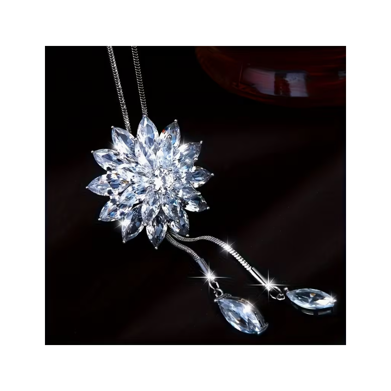 Collier argenté sautoir flocon blanc