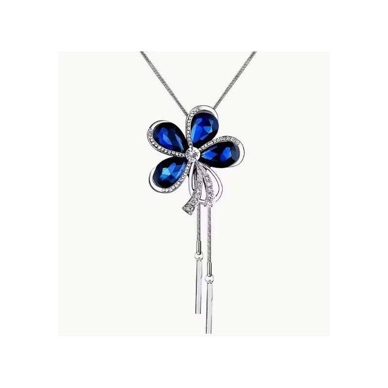 Collier argenté sautoir fleur bleue
