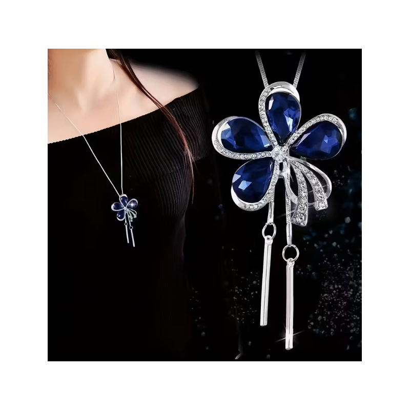 Collier argenté sautoir fleur bleue
