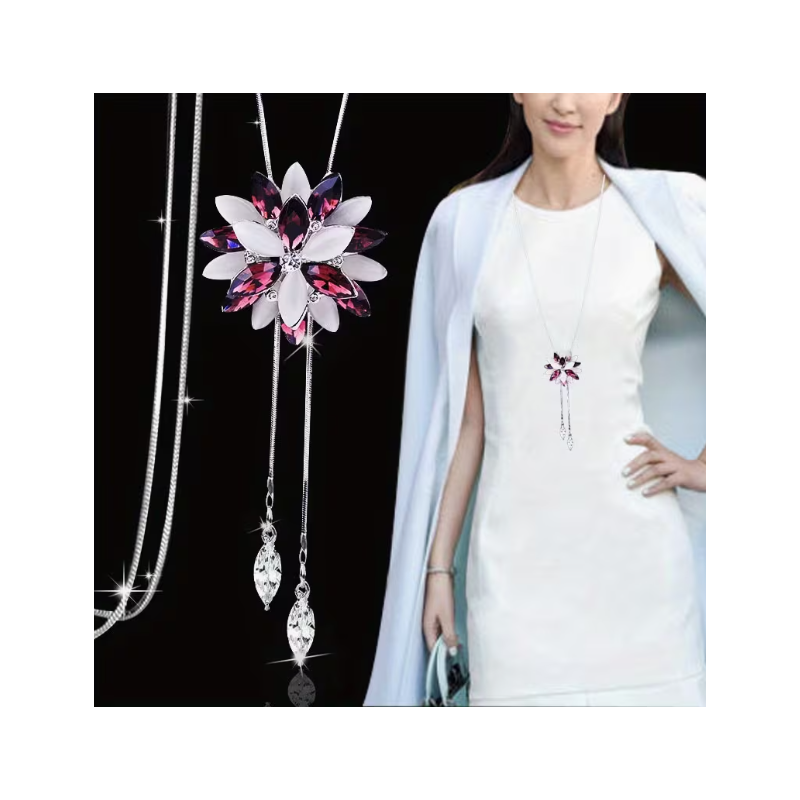 Collier argenté sautoir fleur rose