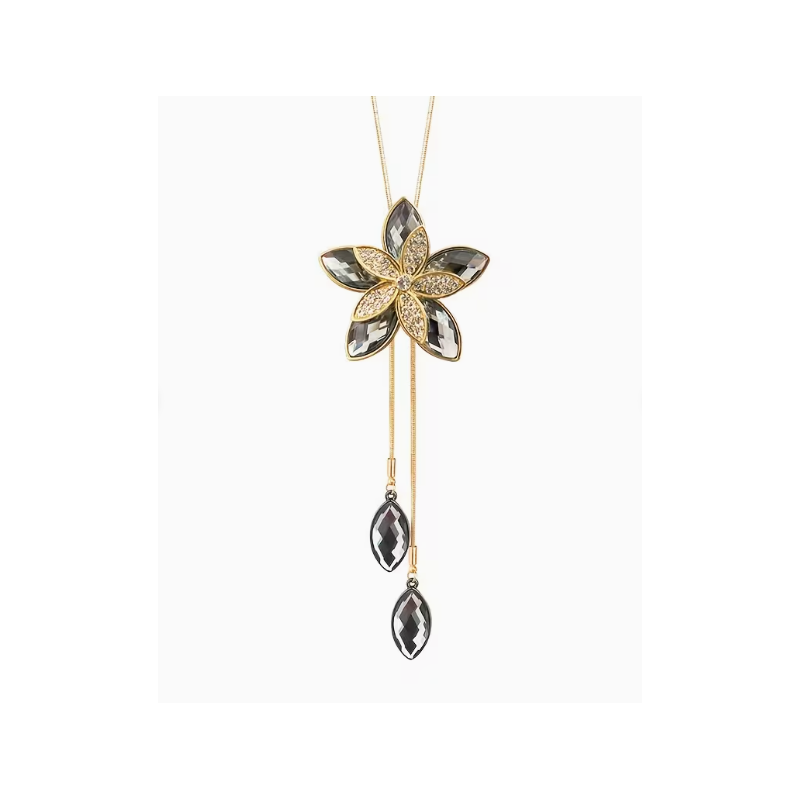 Collier doré sautoir fleur grise