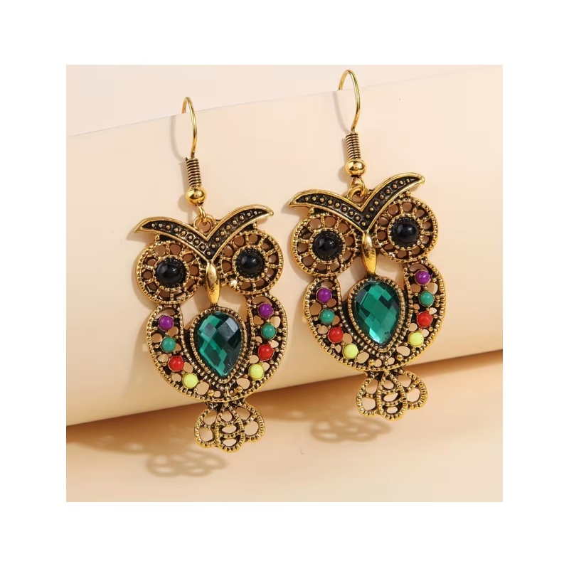 Boucles d'oreilles dorées hiboux colorés