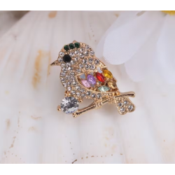 Broche dorée oiseau strass multicolore