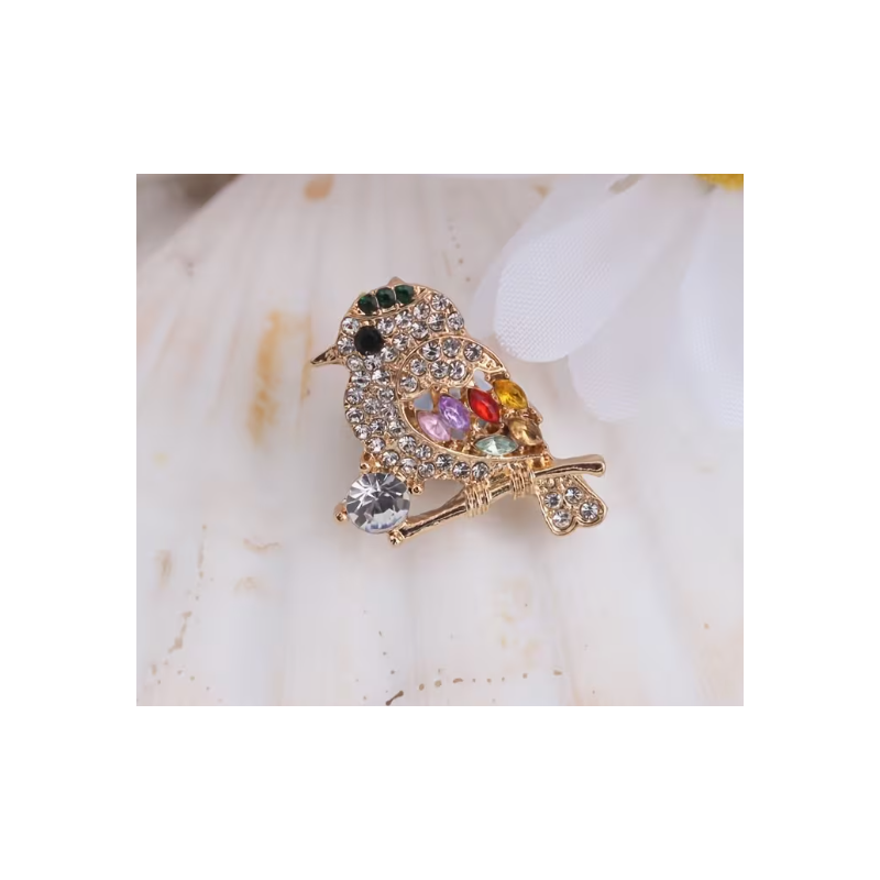 Broche dorée oiseau strass multicolore