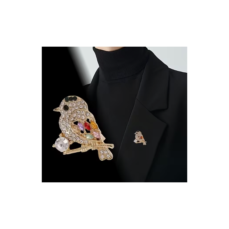 Broche dorée oiseau strass multicolore
