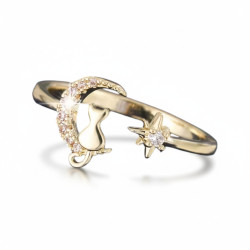 Bague ajustable dorée chat et lune Plaqué or