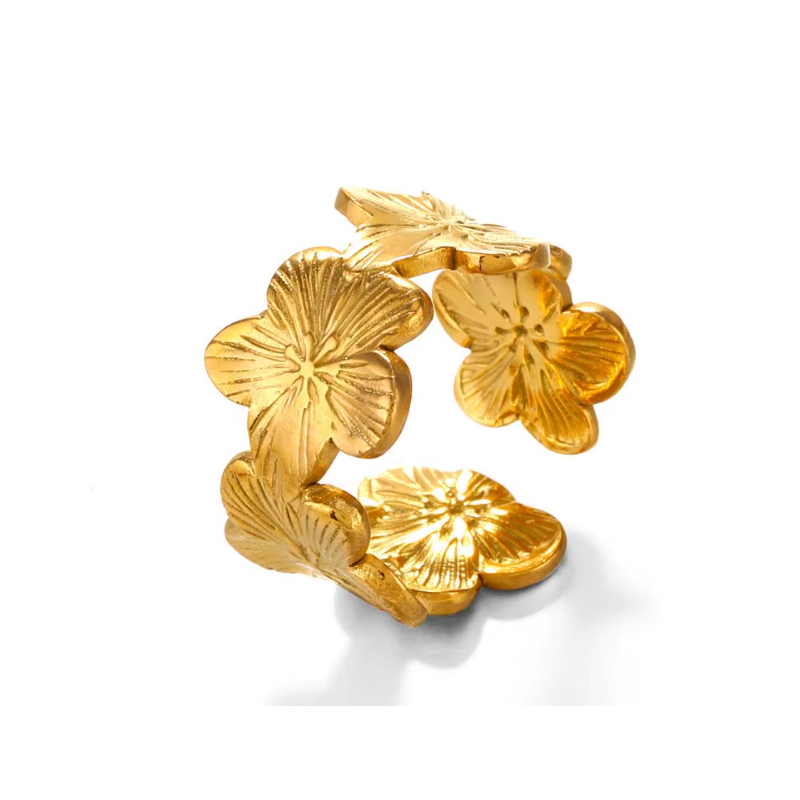 Bague ajustable dorée fleurs Acier