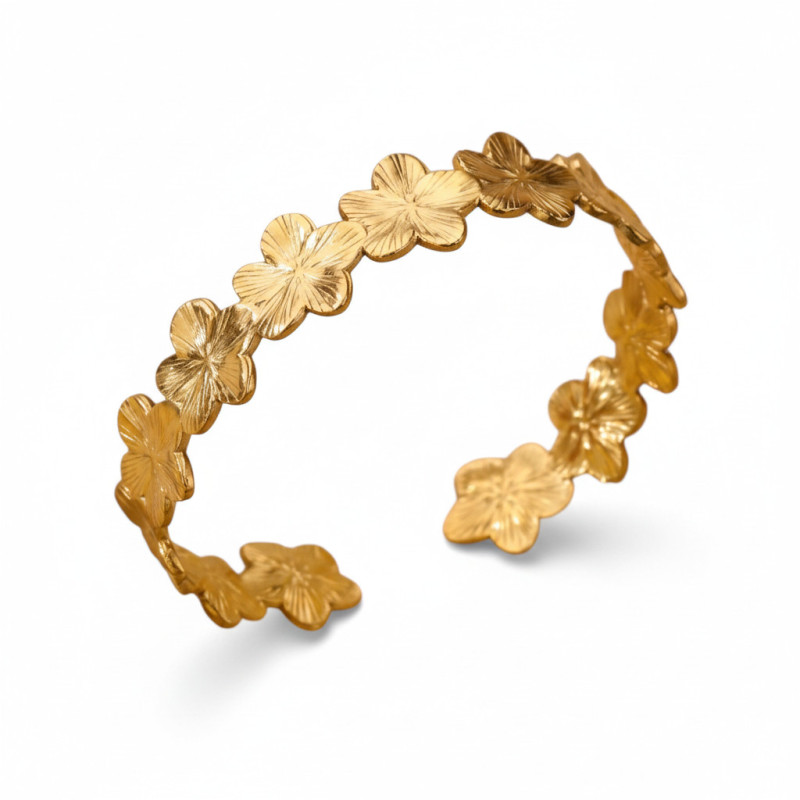 Bracelet jonc ajustable dorée fleurs Acier
