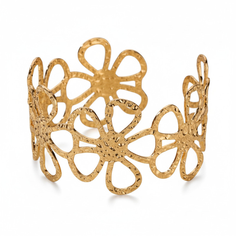 Bracelet manchette ajustable doré fleurs ajourées Acier