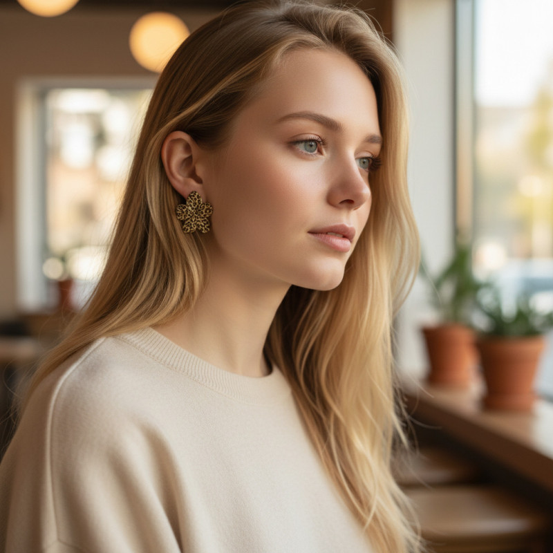 Boucles d'oreilles fleurs dorées motif léopard