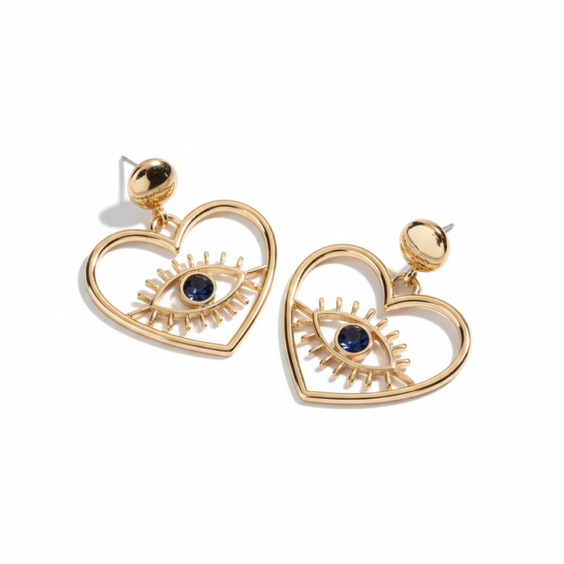 Boucles d'oreilles dorées cœur ajouré et mauvais œil