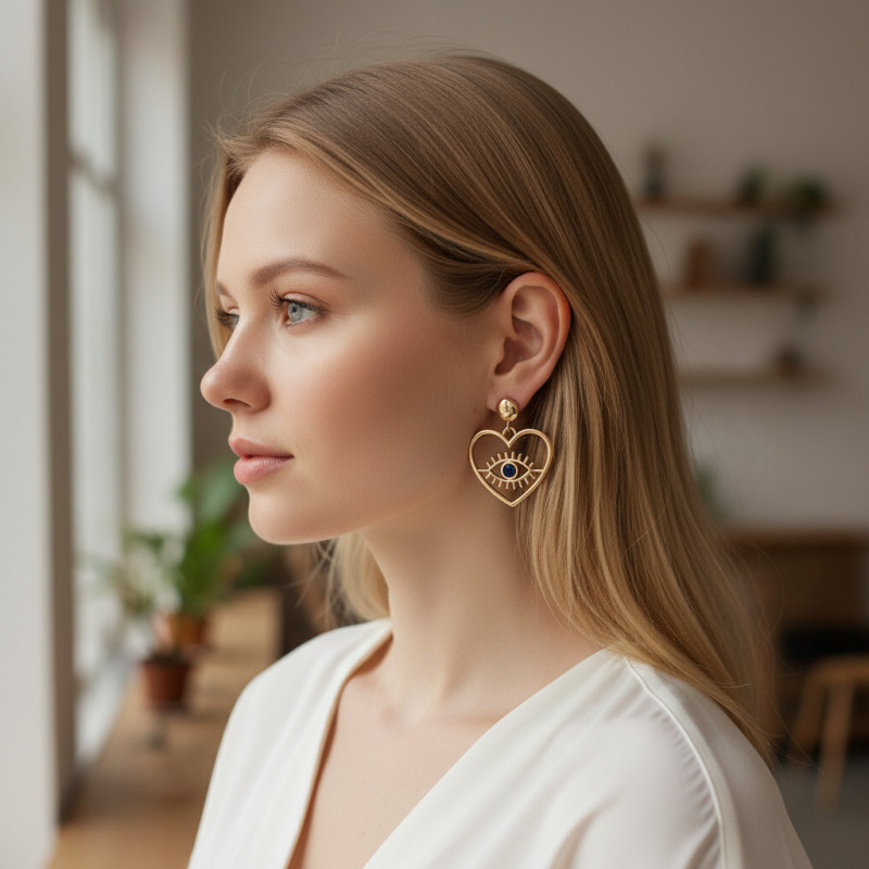 Boucles d'oreilles dorées cœur ajouré et mauvais œil