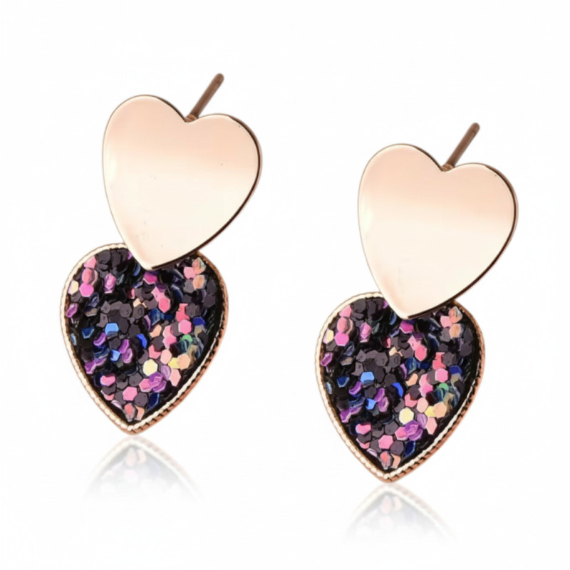 Boucles d'oreilles dorées cœur pailleté bleu foncé