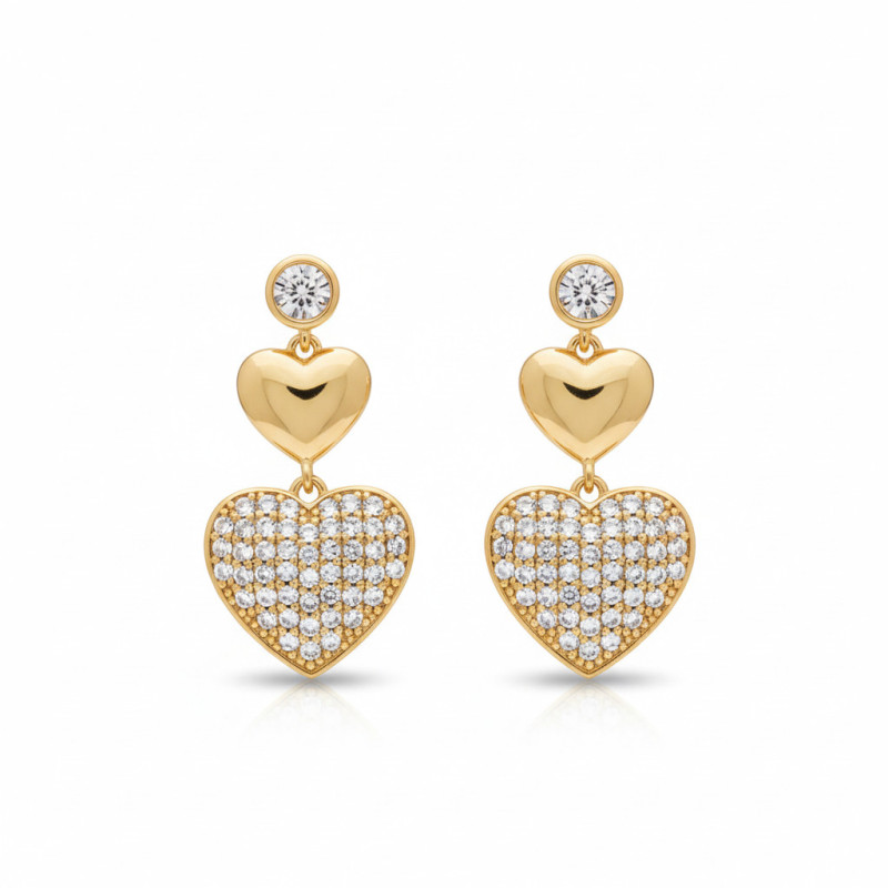 Boucles d'oreilles dorées pendantes coeur et zircon Plaqué or