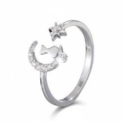 Bague ajustable argentée chat et lune Plaqué or blanc