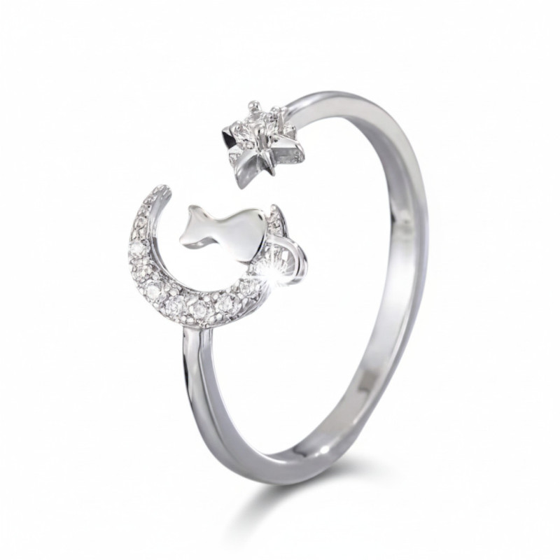 Bague ajustable argentée chat et lune Plaqué or blanc